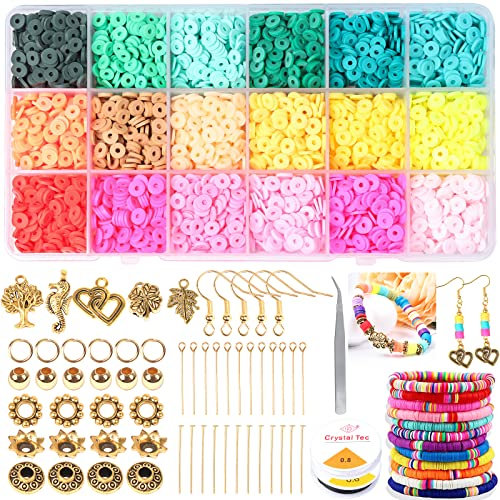 Yholin 5400 Clay Beads Kit, Polymer Clay Beads Bracelet Making Kit Flat Beads Clay Bead Set Clay Spacer Heishi Beads for DIY Craft Bracelet Necklace Earring Jewellery Making Kit, 18 Colours