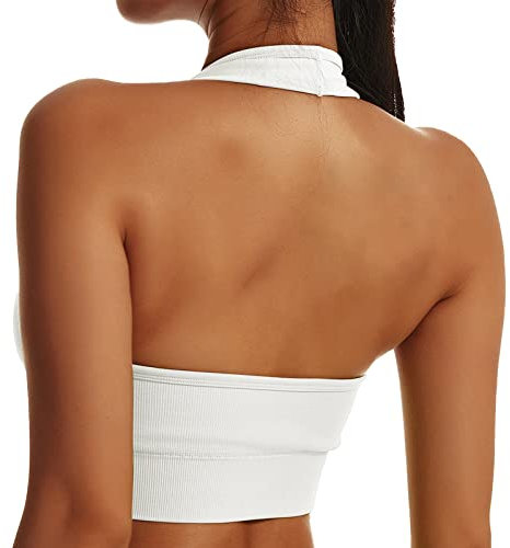 Vertvie Neckholder Sport BH Rückenfrei Fitness Bustier Damen Gepolstert Push Up BH Ohne Bügel Sport BH Top Yoga Bra Mittlerer Halt Workout(Weiß,M)