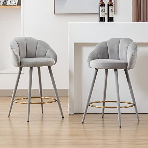 Wahson Velvet Bar Stools Set of 2 Breakfast Kitchen Bar Chairs with Back,Upholstered Counter Chairs Modern Counter Stools for Home Bar/Kitchen Island,Grey