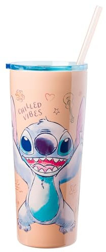Silver Buffalo Disney Lilo and Stitch Island Doodles Chilled Vibes - Vaso de acero inoxidable de doble pared con popote, 22 onzas