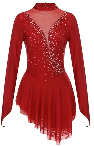 Doomiva Damen Eiskunstlauf Kleid Langarm Ballettanzug mit Strass Kürkleid Rollkunstlauf Tanzkleid Glitzer Tanzkostüm Wettbewerb