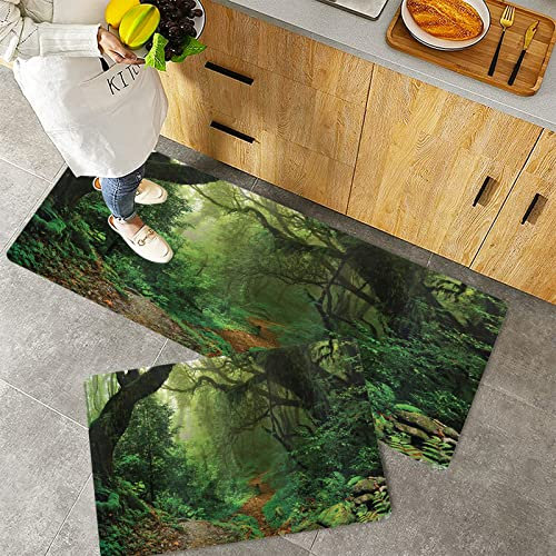 Küchenteppich Teppich Läufer Küchenläufer 2 Stück,Regenwald-Wald in Nepal Touristische Trekking-Zweige Misty Road Frischluft im Freien Thema, grün,Rutschfest waschbar für Flur Küche 40x60 cm+40x120 cm