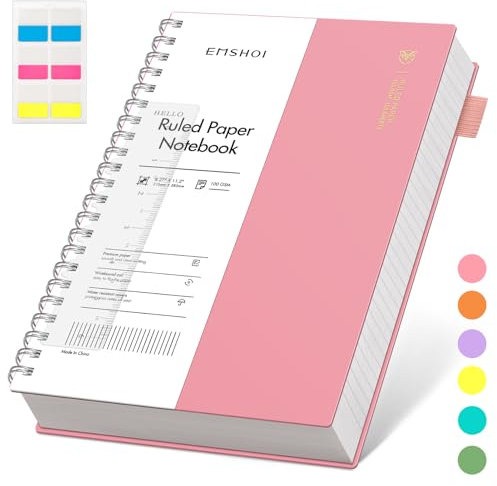 EMSHOI A4 Notebook College Ruled, Spiral Notepad 150 Sheets/300 Pages, 100gsm, PVC Cover, Sticky Notes, Pocket, Pen Loop, Ruler, Bookmark, Lined Journal for Women Men Writing, 21.5x27.9cm, Pink