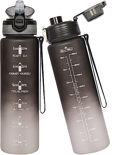 Seekua Sport Tritan Trinkflasche 1l mit Strohhalm & Zeitmarkierung, Große Wasserflasche mit Uhrzeit, Kohlensäure Geeignet Sportflasche für Fahrrad, Fitness, Gym, 2 Deckel, 1 liter