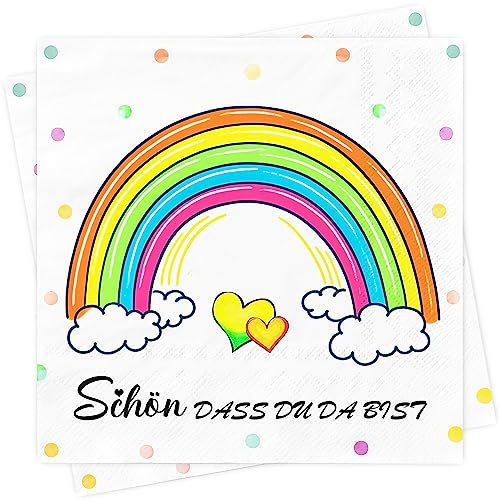 AFYHH Servietten Geburtstag Kinder 80Stück Regenbogen Servietten Schön Dass Du Da Bist Taufe Hochzeit 3-Lagige Einschulung Konfirmation Kommunion Napkins Tischdeko Servietten Weiß 33x33cm