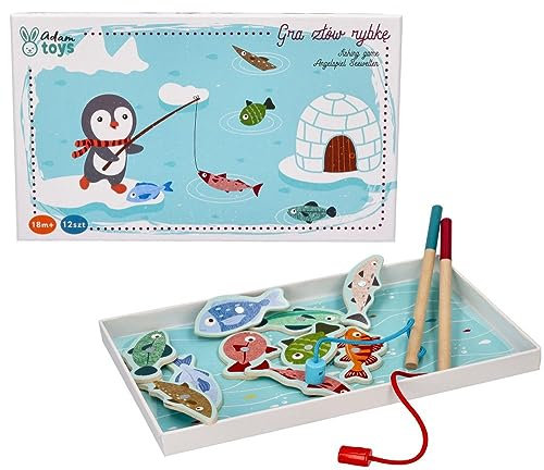 Angelspiel ab 2 Jahren, Holzspielzeug, Fische Angeln, Pinguin auf Fisch - Magnetangel Kinder - 10 Fische zum Fangen, 2 Angelruten, Box - Motorik-Spielzeug, Lernspielzeug - Geschenk