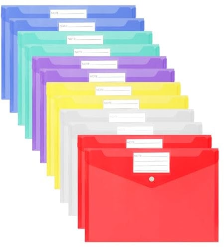 Plastic Wallets - 12 Pack A4 Folders Waterproof Plastic Wallets Document Folder Files Popper Wallets with Snap Button and Label for Home, Office, School and Travel