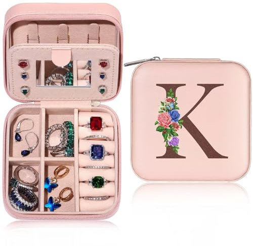 TINGN Initiale Schmuckkästchen Kleine Schmuckkästchen mit Namen Initiale K und Blume Schmuckkästchen Travel Organizer Box mit Spiegel für Damen Mädchen Geschenk für Geburtstage, Weihnachten, Muttertag