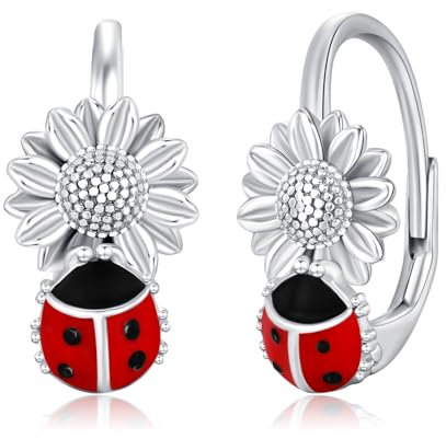 StoryEtain Marienkäfer Creolen 925 Sterling Silber Marienkäfer Leverback Ohrringe Sonnenblume Schmuck Geschenk für Damen Mädchen Kinder