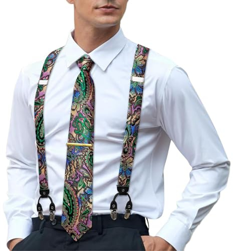 Hi-Tie Herren Hosenträger und Krawatten-Set, Seide, verstellbar, elastisch, Y-Hosenträger mit starken 6 Clips, Einstecktuch-Set, Mehrfarbig Grün, M
