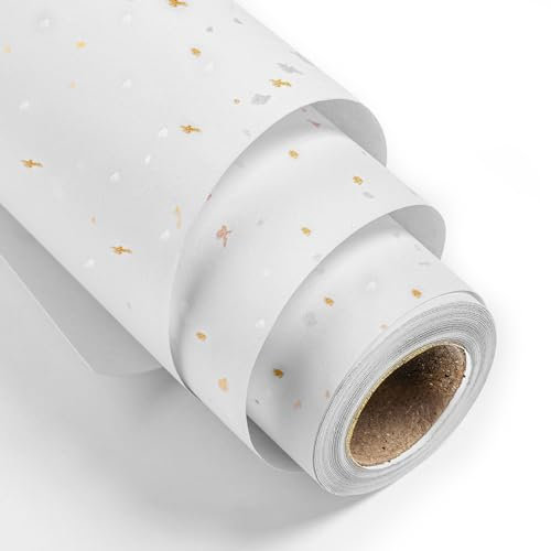 MAYPLUSS Dicke Geschenkpapierrolle – 43,2 cm x 5,2 m – Romantische goldglänzende Flocken auf mattweißem, schwerem Geschenkpapier mit seidiger Haptik für Hochzeit, Geburtstag, Urlaub, Weihnachten