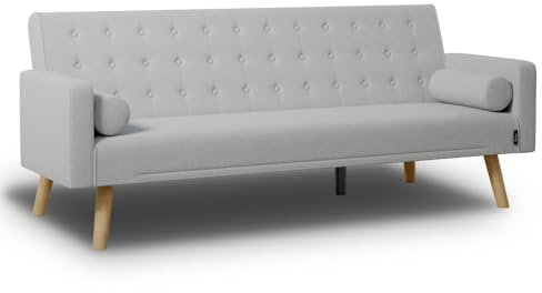 Nalui - Sofá Cama 3 Plazas Acolchado 203x82x78cm One Dots, 2 Cojines y Apertura Clic-Clac con Dif. Grados de Reclinación. Sofá Cama Chaise Longue con Patas de Madera Convertible en Cama Doble | Gris
