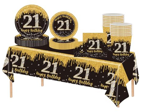 69pcs Black Gold 21st Birthday Decorations,Happy 21st Birthday Tablecloth,Paper Plates,Napkins Serviettes and Cups Sets for 21 Birthdays Table Decorations for Boys,Girls,Him,Her 21 Birthdays Gifts