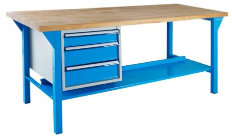 Steinbock Werkbank 3 Schubladen | 200x85x75 cm | 500 kg | Blau | 500 kg Tragkraft | 5 cm geölte Massivholz-Arbeitsplatte aus Buche | stabiles Stahlgestell | Werktisch | Made in EU