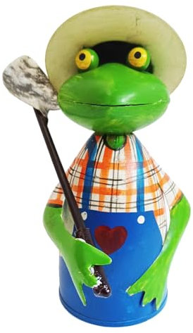 itsisa Zaunhocker Gärtner Frosch mit Spaten H: 21 cm aus Metall - Zaun Deko Frösche Garten, Tierfigur Pfostenhocker, Zaunfigur, Gartendeko, Metalldeko