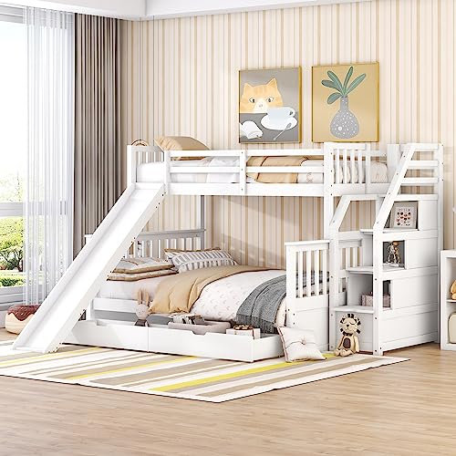Etagenbett für 3 Kinder, Kinderbett mit 2 Unterbett Schubladen und 3 Speicherung Treppe, 90x200cm +140x200cm Funktionsbett Stockbett Hochbett Jugendhochbett mit Rutsche und Rausfallschutz, Weiß