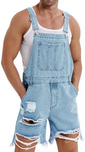 Runcati Salopette da uomo in denim, pantaloncini in cotone, bavaglino estivo, tuta in jeans, Blu, XXL
