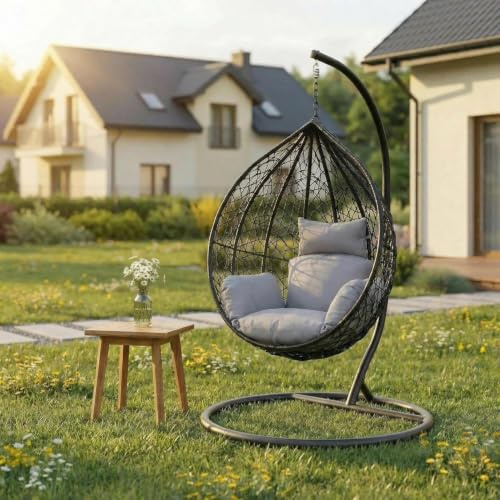 Alivio Rattan Hanging Egg Chair with Stand & Cushions, Large Indoor Outdoor Swing Chair for Patio Garden Balcony, Weather Resistant Wicker Basket Chair, Free Standing Egg Chair, 120kg Capacity, Grey
