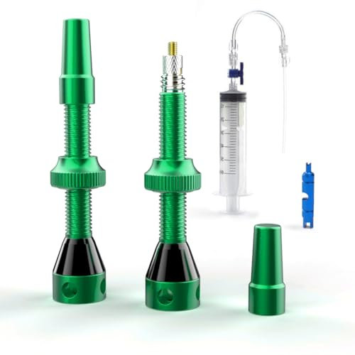 Shredr. Tubeless Ventile Set, grün | Komplettes Set inkl. Tubeless Spritze | Superleicht Alu, Army-Green eloxiert, französisches Ventil Presta, 44mm für MTB-Felgen