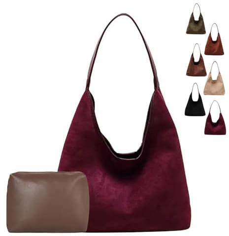 Generisch Suede Hobo Bag Damen Vintage Leather Tote Bag for Women Wildleder Tasche Damen-shopper Slouchy Handtasche uni Bag Shoulder Bag Women(weinrot)