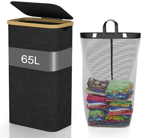 GLOWPOINT 65L Slim Laundry Basket with Lid, Narrow Small Washing Basket for Dirty Clothes with Removable Bag, Cloth Storage Laundry Hamper Bin for Bedroom, Bathroom, Laundry Room, Black
