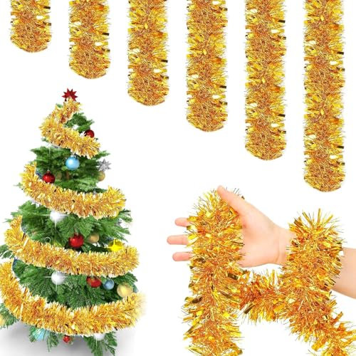 6 Stück Weihnachten Lametta Girlande, 2M Lametta Weihnachtsdeko Girlanden, Glitzer Girlande Weihnachtsbaum Dekoration, für Weihnachten Party Weihnachtsbaum Outdoor Deko (Gold)