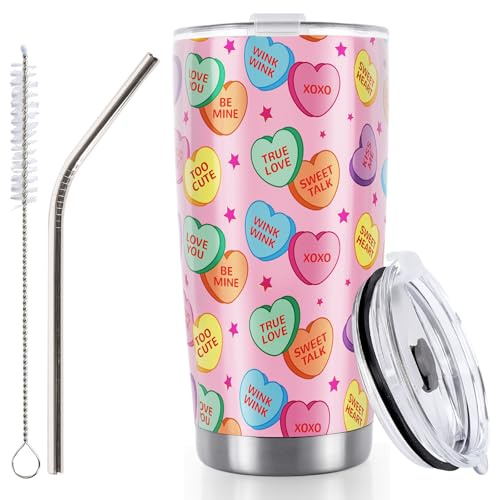 Whaline Valentine's Day Conversation Heart Tumbler Stainless Steel Travel Tumbler with Lid Straw Brush Candy Heart Coffee Mug Cup For Anniversary Women Girlfriend Wife