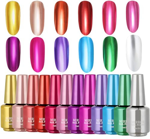 Allbestaye 8ml Polish Mirror Nail Polish, Quick Drying Long Lasting Metal Nail Varnishes, Metallic Glitter Nail Polish, No UV Lamp Curing (12 colors set)