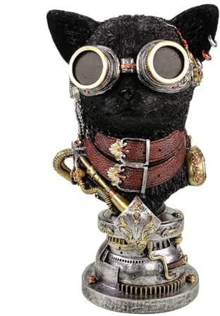Kremers Schatzkiste XXL Steampunk Katzenbüste Polyresin Deko Figur 34 x31x21 cm I Bunte Katze mit Brille I Handbemalt I Detailreiche Skulptur I Wohnzimmer Büro Dekoration