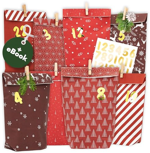 AMARI ® Adventskalender zum Befüllen - 24 Papier Adventskalender Tüten (mit Holzklammern) zum Basteln für Kinder - Papier Weihnachtskalender zum selber befüllen Tüten Weihnachtskalender selber basteln