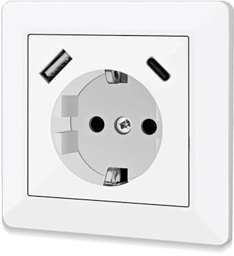 Schutzkontakt Schuko Steckdose mit USB Anschluss und Typ C Port, Glänzend Wandsteckdose Passent in Standard Unterputzdose, Einbausteckdose (USB A)