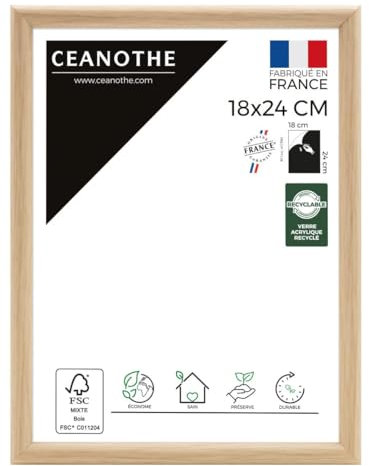 Ceanothe Cadre Photo 18x24 cm Bois Clair Naturel, Pour Exposition et Idéal pour Petit Souvenir Décoration et A5, Collection Essentiel Verre acrylique Incassable Fabriqué en France