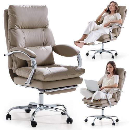 EMIAH Chaise de Bureau avec Repose-pieds, Fauteuil de Bureau Confortable avec Accoudoirs, Ergonomique Fauteuil de Direction Cuir PU Inclinable avec Roulettes, Chaise d'ordinateur Coussin Épaissi, Kaki