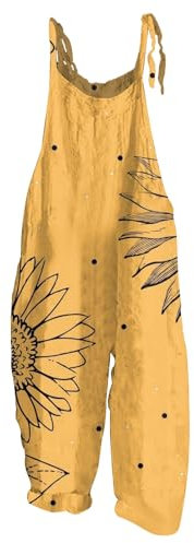 HUNUBU Summer Boho Cotton Linen Hippy Ladies Womens Printed Jumpsuits Dungarees Dresses Clothes Jumpsuit Rompers for Women Uk Yellow S