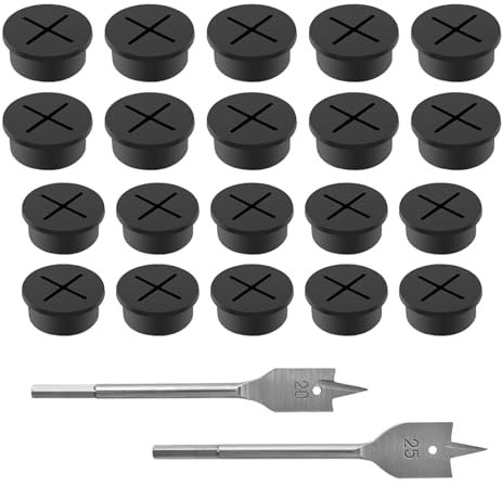 Passacavo Silicone Flessibile, 20 Pezzi 25mm Passacavi in Gomma, Copertura Foro Per Cavo 20mm, con Trapano Gomma Passacavo Copriforo, Adatto per Scrivania, Tavolo, Altri Mobili (Nero)