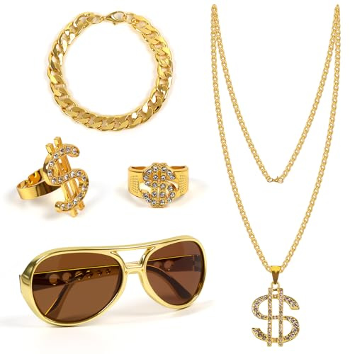 FORETOGO 5 Stück Zuhälter Kostüm Set, Hip Hop Rapper Kostüm Inklusive Brille, Armband, Halskette, Ring, 70er/80er/90er Jahre Outfit Herren Hip Hop Kostüm Zubehör Set für Karneval Fasching Mottoparty