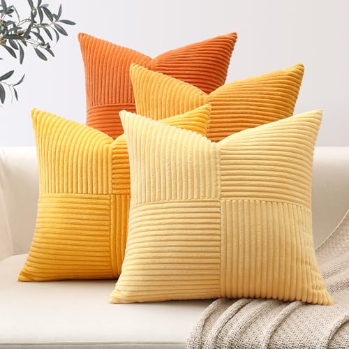 Sungeek 4er Set Cord Kissenbezüge, Kreuz Streifen Muster Kordsamt Kissenbezug Sofakissen Dekokissen Patchwork Design Deko Zierkissenbezüge Kissenhülle für Wohnzimmer (45x45cm, Orange)