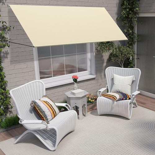 Aufun Markise Fallarmmarkise Sonnenschutz Einziehbar, Sonnenmarkise Fenstermarkise Balkonmarkise mit Kordel und Aluminium Stützstange für Terrasse Balkon Garten,Beige 350x145cm