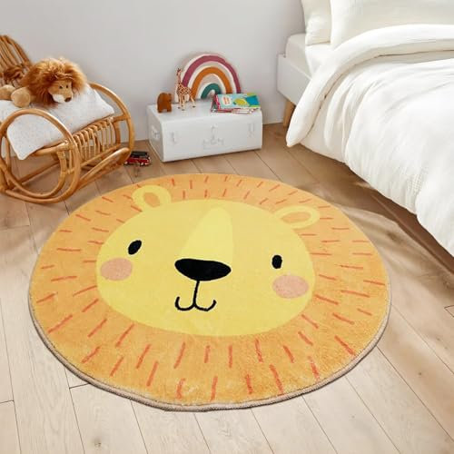 AIMECO Weicher Kuscheliger Kinderteppich Weicher Rund Carpet Wohnzimmer Teppichen Mädchen Schlafzimmer Kinderzimmer Waschbarer Pflegeleicht Teppiche Motiv Rund 200cm Löwe - Gelb