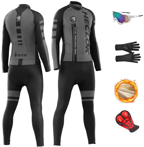 HECLOK Winter Radkleidung Herren: mit Thermo-Fleece Winddichtem Langarmtrikot & Bibshorts mit Gel-Polster | Für Rennrad & MTB+ Glasses + Gloves