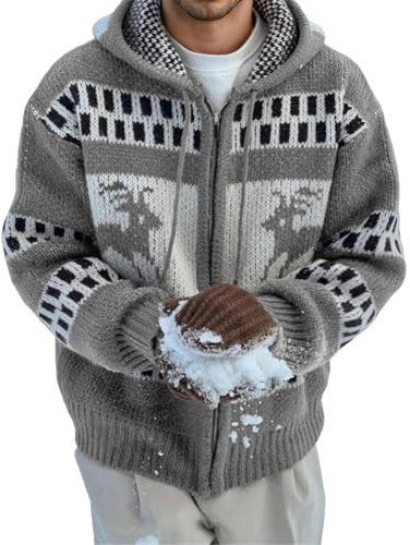 RUMAOZIA Norvegese, cardigan da uomo a maglia grossa, con cappuccio, giacca norvegese, lavorata a maglia, invernale jacquard, casual, con cappuccio, O grigio., XL