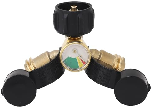 Rhawuy Gassplitter |Messing-Y-Adapter mit Messgerät für Grill/Heizung/Smoker |Zwei QCC1-Anschlüsse, Rückschlagventil, einfache Installation