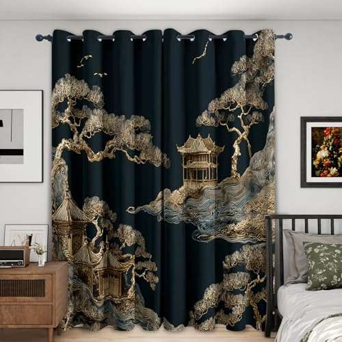 Generisch Vorhänge Schlafzimmer Japanisch Chinesisch Motiv, Orientalisch Asiatisch Blickdichte Gardinen Wohnzimmer Deko, 2er Set H 200 x B 140, Thermo Verdunklungsvorhänge mit Ösen RD24