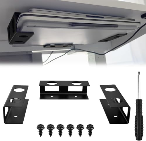LEONTOOL Under Desk Laptop Mount and Shelf, Metal Under Desk Shelf Holder with Screws, Holder Set for Desks Organization for Devices up to 1.18 inch Laptop, Mac mini, MacBook, Keyboard