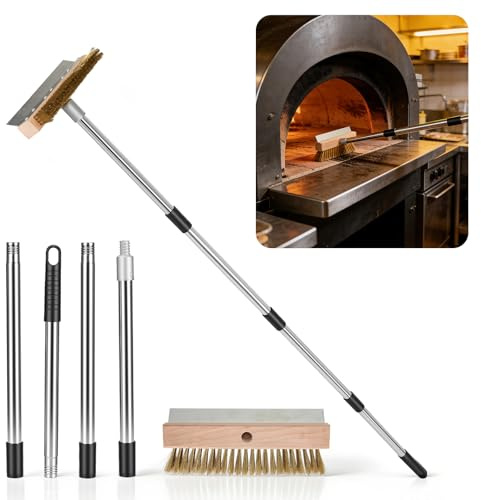 Cepillo para Horno de Pizza con rascador, Mango Ajustable de 145 cm | Pizza oven brush de 25,5 cm con cerdas de latón y mango de aluminio, cepillo barbacoa para cocina, exterior y hostelería