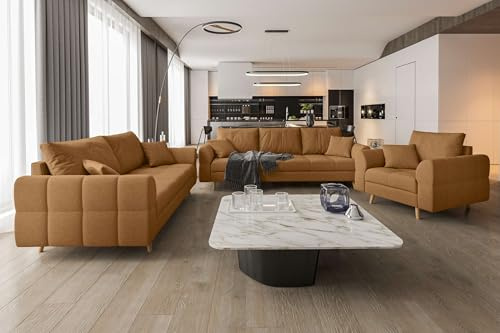 99rooms Bello Polstergarnitur mit 3-Sitzer, 2-Sitzer & Sessel, Bequeme Sofagarnitur, Polstermöbel mit Stoffbezug - Strukturstoff Neve Rostfarben