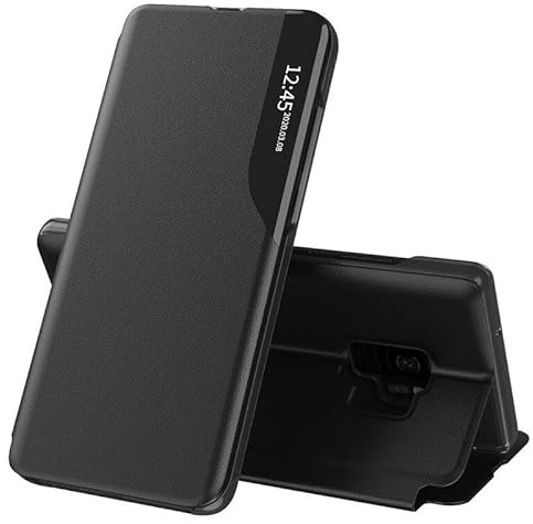 Techsuit für Samsung Galaxy S9 Klapphülle mit Kartenfach, Standfunktion, Smart View Fenster, Kameraschutz, Kratzfest, eFold Series, PU Leder, Schwarz