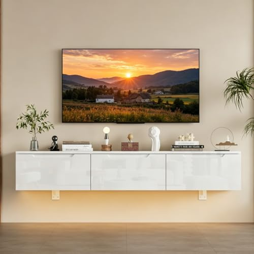 Redd Royal 140cm Floating TV Unit Stand with Led Light, Wall Mounted TV Media Cabinet Entertainment Center with Drawer and Shelves White High Gloss for 32-65 TV for Living Room Bedroom
