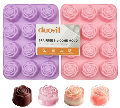 duoyif Moule Silicone Roses Fleurs 12 Cavités Ø 5.6 cm Moule Chocolat Forme Pralines Sans BPA Antiadhésif Moules Fleurs Pour DIY Chocolat Rose Glaçons Mousse Bonbons Décoratio (2 pièces)