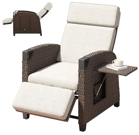 Amopatio Relaxliege Liegesessel, Rattan Sonnenliege mit Verstellbar Rückenlehne und Klapptisch, Outdoor Gartensessel wetterfestes, für Terrasse, Garten, Balkon, Beige Sitzkissen & Dunkelbraun Rattan